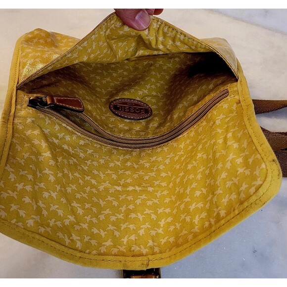 Fossil Coated Canvas Yellow Birds Trees Crossbody Purse Vintage - Picture 7 of 14